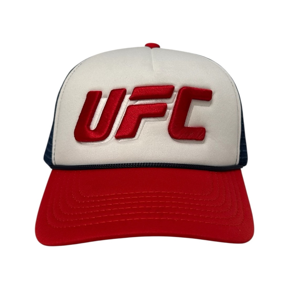 UFC Foamie Fresh Red White Blue Mesh Trucker Hat Back Embroidered Logo Unisex